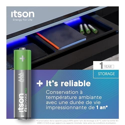 ITSON, AAA piles rechargeables, PRO, lot de 4, puissantes piles rechargeables, capacité Min. 930 mAh, pré-chargées, emballage à 95% de matériaux recyclés, made in Japan