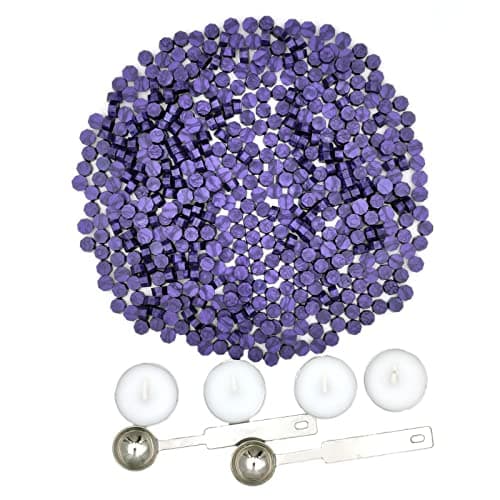 500 Pièces Perles de Cire à Cacheter Sceaux de Cire Octogonaux avec 2 Cuillères de Fusion et 4 Bougies de Thé pour Sceller et Décorer des Lettres(Violet)