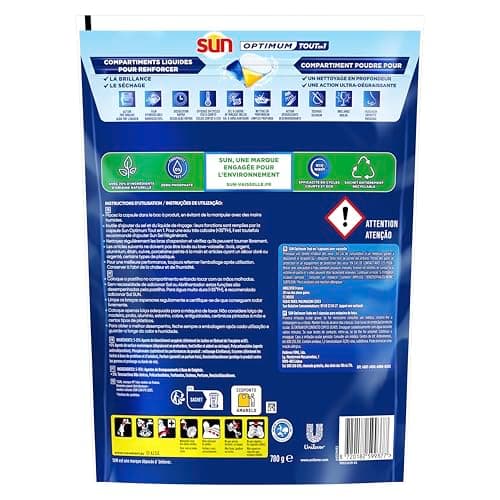 SUN - Optimum Pastilles Lave-Vaisselle Tout en 1-52 capsules - parfum agrumes - nettoyage impeccable - tablettes efficaces même en cycle court