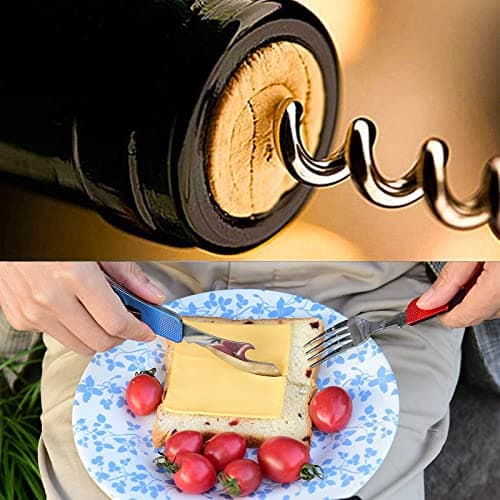 cersaty® Lot de 2 Couverts de Camping, Couverts Pliant 6 en 1 pour Voyage, Camping, Pique Nique (Couteau, Fourchette, Cuillère, Tire Bouchon, Perceuse, Couteau en Aluminium)