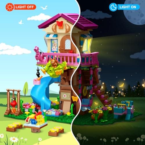 CUBIMANA Jouets de Construction de cabane dans Les Arbres avec lumière LED - 618 pièces Ensemble de Construction de Maison à 3 étages, Cadeaux de Noël pour Enfants Filles garçons