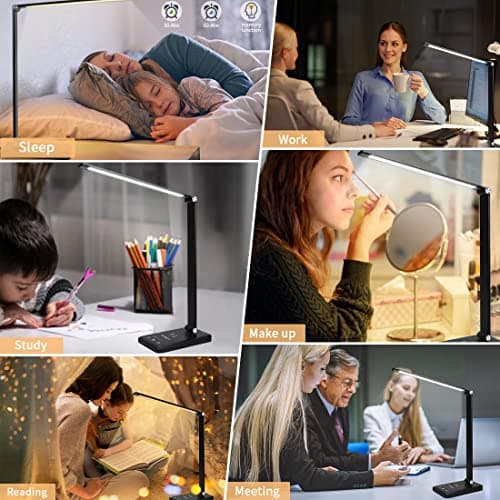 Lampe de Bureau LED avec Chargeur sans Fil, Lampes de Bureau Dimmable 10 Niveaux de Luminosité 5 Modes de Couleur, Lampe de chevet Avec Port USB et Fonction Minuterie, Flexible Contrôle Tactile