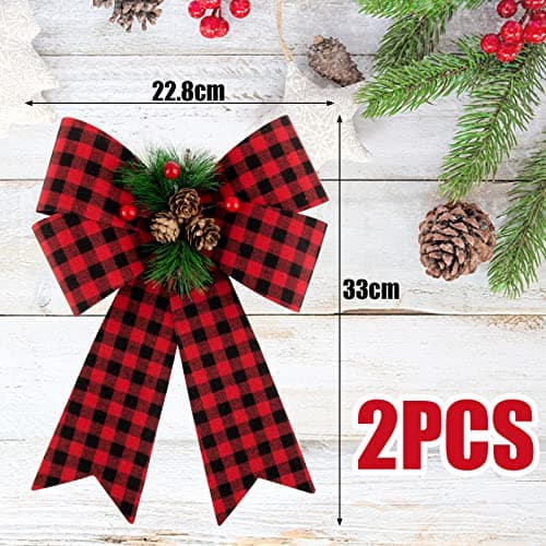 COLOFALLA 2PCS Noeuds de Noël 30x22.8cm Grande Taille Nœuds Papillons avec Pomme de Pin pour Sapin de Noël Décoration de Noël Emballage Cadeau Guirlande Voiture Mariage