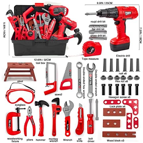 Hyrenee 48 Pièces Outils de Travail Jouet Enfants Constructions Boîte à Outils avec Perceuse Jeu D'imitation Jeu Éducatif Anniversaire Noël Cadeau pour Enfants 3 4 5 6 7 8 Ans(Rouge)