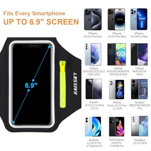 HAISSKY Brassard de Sport avec Poche Écouteur, Brassard Sport pour iPhone 14 13 12 11 Pro Max XR XS X 8 7, Brassard Telephone Smartphone Running Brassard pour Jogging Cyclisme Randonnée (Noir)