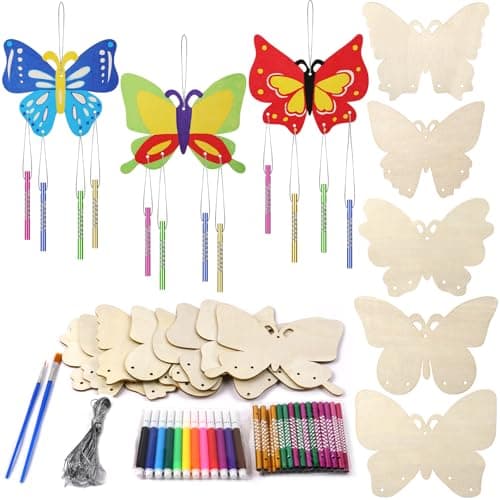 Ainiv 8 Pcs Kits Bricolage Papillon Carillon à Vent en Bois, Loisirs Créatifs pour Filles, DIY Artisanat pour Activité Manuelles Enfants, Décoration pour Jardin, Cadeau Anniversaire 4 5 6 7 8 9 10 Ans