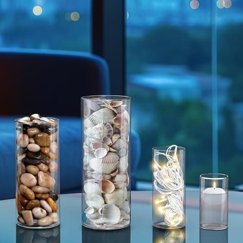 Winter Shore Vase Transparent Verre [Lot de 4] - Vase Cylindrique en Verre de 4 Tailles - Vase Haut pour Plantes, Fleurs, Fausses Fleurs, Herbe de Pampa, Bougies - Décoration Fêtes, Maison, Mariage