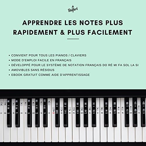 Belfort®️ Autocollants pour notes de piano + clavier pour 49 | 61 | 76 | 88 touches + Ebook gratuit | kit complet premium pour touches noires + blanches | do-ré-mi-fa-sol-la-si | instructions français