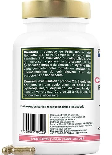 Cheveux BIO | Force & Croissance | Stimule la Pousse, Fortifie les Cheveux | Myrtille, Prêle, Roquette | 90 gélules de 300mg | Qualité Supérieure