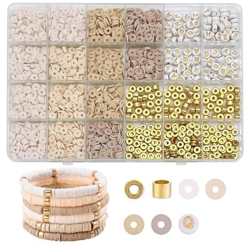 XoeLLe Perles Heishi Colorées, 2064 Pièces Perles Plates pour Bracelet Perles D'argile Perles perles Lettres Kit de Fabrication de Bijoux Perles Fabrication de Bijoux DIY, Cadeaux de Noël(Beige)