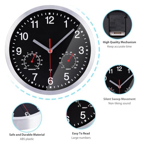 VINILITE Horloge Murale Radio Pilotée avec Thermomètre et Hygromètre Pendule Murale Silencieuse et sans Tic-Tac de 25cm pour Salon, Cuisine, Bureau, Chambre