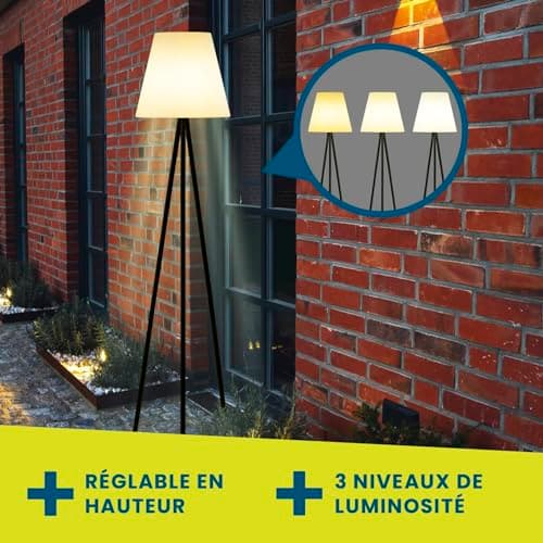 Hoberg Solar Lampadaire | Sans fil & Variable | LED blanc chaud | Batterie rechargeable par énergie solaire & USB | Avec télécommande & capteur de lumière | Pour l'intérieur & l'extérieur [IP44]