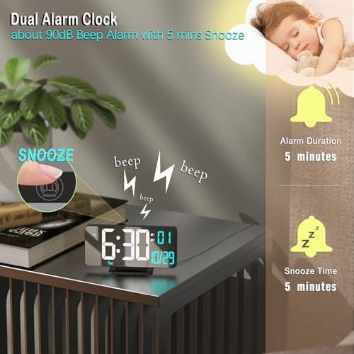 KOSUMOSU Réveil Numérique 17cm Noir Chambre Double Alarme Date Seconde Jour de la Semaine 12/24 Heures Variation Température Horloge Ordinateur Horloge LED