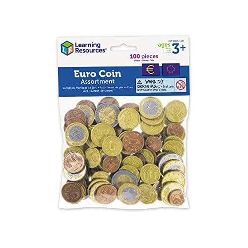 Learning Resources Kit de pièces en euros (jeu de 100), monnaie factice, billet factices, caisse enregistreuse enfants, maternelle ressources, marchande enfants, Montessori Spielzeug ab 3 Jahre