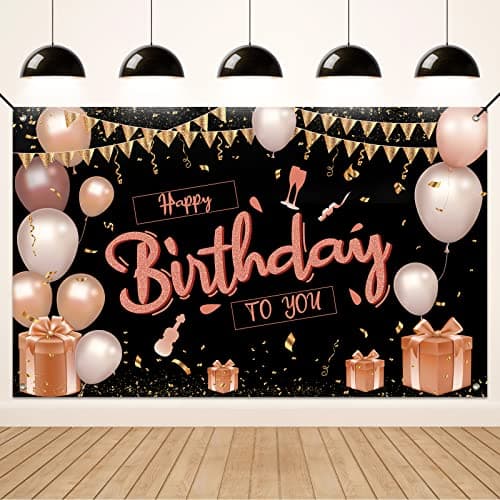 KOLIPHY Decoration Anniversaire, Noir Rose Banderole Joyeux Anniversaire Fête Deco Pour Hommes Femmes, Anniversaire Photographie Fond Bannière