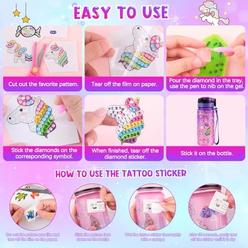 HGRGHH Licorne Bricolage Gourde, 600 ml Fille DIY Gourde, Kit de Loisir Créatif Enfant, Jeux Créatif Fille 5 6 7 8 9 10 Ans pour Cadeau Noël Anniversaire Cadeau, Sans BPA avec Autocollants, Porte-clés