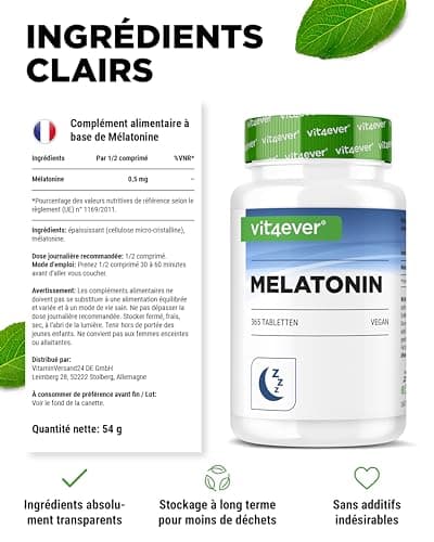 Mélatonine - 365 Comprimés - 1 mg par comprimé - Sans Additifs Indésirables - Haute Dose - Vegan