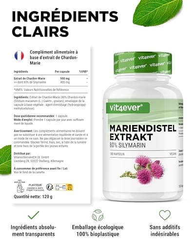 Extrait de chardon-Marie 180 gélules de 500 mg chacune - 80% de silymarine - 6 mois d'approvisionnement - Testé en laboratoire (teneur en ingrédients actifs et pureté) - Hautement dosé - Végétalien