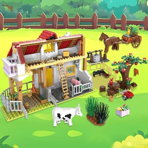 Construction de Ferme, 649 PCS Comprend Ferme, Puits, Charrette à Cheval, Arbres Fruitiers, Jeu Kit de Friends Maison de Ferme, Cadeau pour Enfants Fille et Garçons de 6 7 8 9 10 11 12+