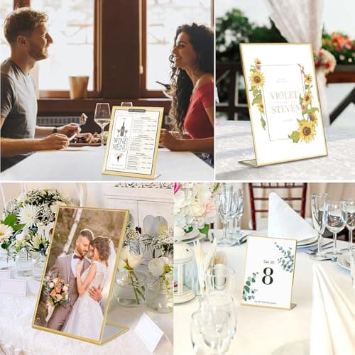 3 Pièces Incliné Présentoir de Table en Acrylique avec Bordure Dorée, Porte Affiche Menu en L, Transparent Présentoir Publicitaire de Table, 5x7 Pouces Supports de Panneau pour Cadres Photo Menus
