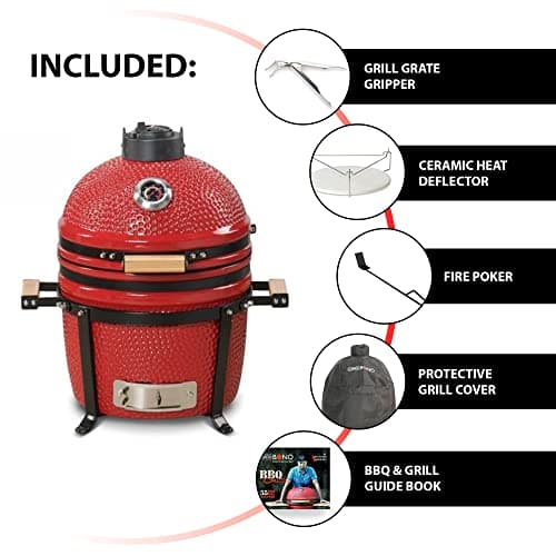 Kamado Bono Minimo Barbecue et 5 Accessoires Offerts Gratis - Barbecue Charbon De Bois Taille Portable - BBQ Et Fumoir - Rouge Barbecue Japonais Ceramique Ø 40 cm - Barbecue Balcon