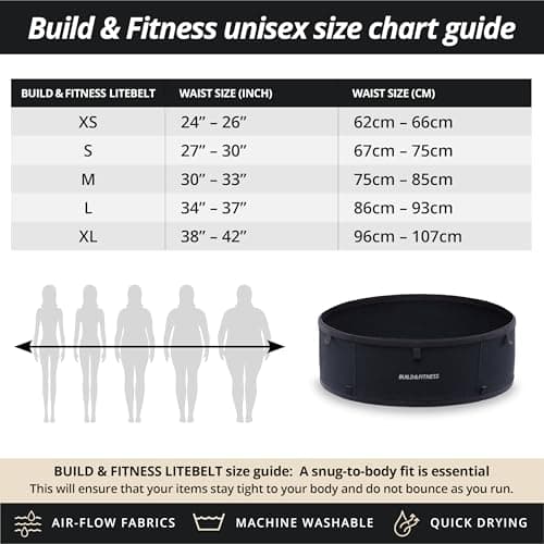 Build & Fitness LiteBelt Ceinture de Course – 4 Poches à accès Rapide sur Le Dessus – Super légère, Fine, Support de téléphone de Course – Convient à Toutes Les Tailles de téléphon S