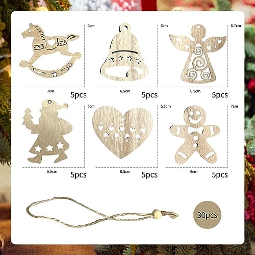 FRUHLING 30 Pièces Pendentifs en Bois de Noël Decoration Sapin Noël Bois Arbre de Noël Ornements avec Boîte en Bois pour Etiquette de Cadeau et Décoration Bricolage 6 Styles
