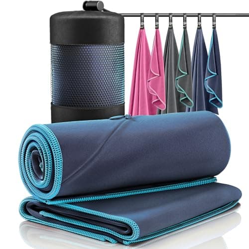 Serviette en microfibres + sac transport | Lot de 2 – Petite & grande: Serviette de bain + mains | Pour la douche | Légères, absorbantes, compactes | Séchage rapide - Sport camping voyage plage (Blue)
