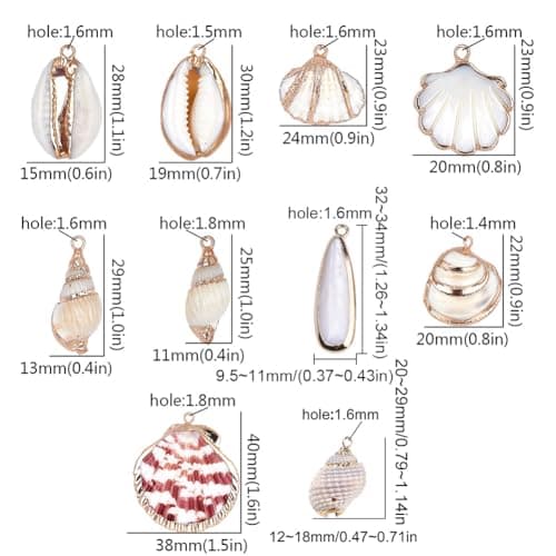 SUNNYCLUE 1 Box 20pcs 10 Styles Natural White Cowrie Seashells Pendant Conch Shells Plated Charms Shells de Breloques for Necklace Bracelet Earring Making Perles de Coquillage Naturel