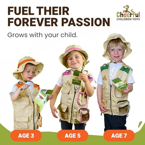 Cheerful Children Toys Kit Explorateur pour Enfants - Déguisement Aventurier avec Chapeau d’Explorateur et Gilet Cargo - pour Garçons et Filles de 3 à 7 Ans, Jouets Éducatifs STEM
