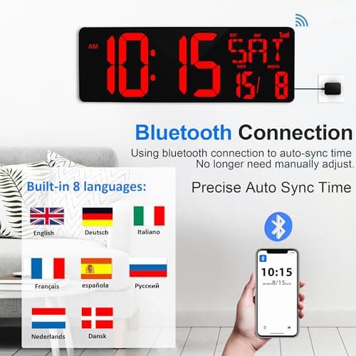 XREXS 17'' Horloge Murale Digitale, Calibrage Automatique de l'heure Via Bluetooth, Horloge Numérique, Luminosité Réglable, Horloge Murale Numérique avec Heure/Date/Température/Alarme/Minuteur