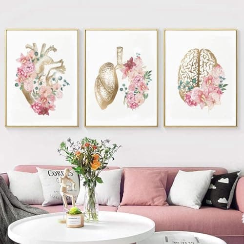 AWKFHF Toile Peinture Anatomie Florale,Coeur Poumon Cerveau médical Tableau Décoration Murale Affiche Clinique Hôpita (3X20X30CM,sans Cadre)