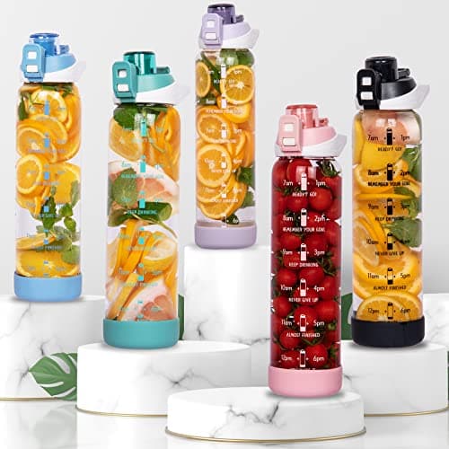 Seekua 1l Sport Gourde Verre avec Paille & Heure de Motivation 1 litre grande Bouteille d'eau Verre Réutilisable sans BPA avec Marqueur de Temps
