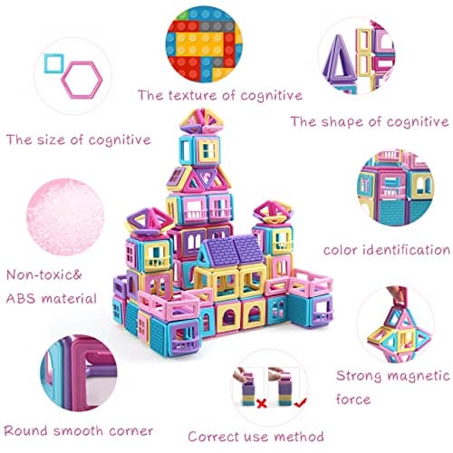 AOMIKS Blocs Magnétiques pour Enfants 173 Pièces Mini Tuiles de Construction Magnétiques Couleur Macaron Blocs de Construction 3D Jouets Éducatifs STEM pour Filles et Garçons