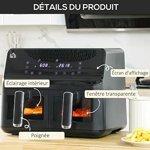 HOMCOM Friteuse à air sans huile air fryer double compartiment 8 L - 2500 W - 8 programmes, écran LED, température réglable, minuterie - noir