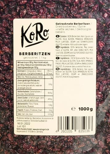 KoRo - Epine-vinette Berbéris 1 kg Sans additifs - Sans sucre ajouté, sans soufre, naturel