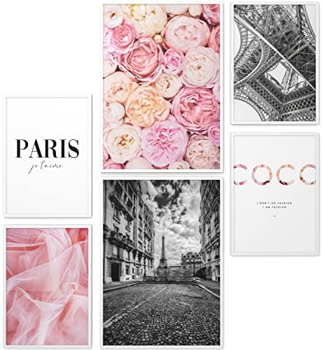 Papierschmiede® Set Mood Posters, Tableau Décoration Murale « Coco Paris » cadres en bois laqué blanc, Bureau, Salon, Deco Chambre Parentale, Cuisine, 2x A4 et 4x A5, fleurs pivoines rose noir blanc