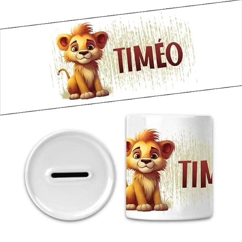 Tirelire en céramique personnalisable – Ajoutez le prénom de l'enfant | Cadeau original pour enfants | Plusieurs motifs | 95mm (Lion)