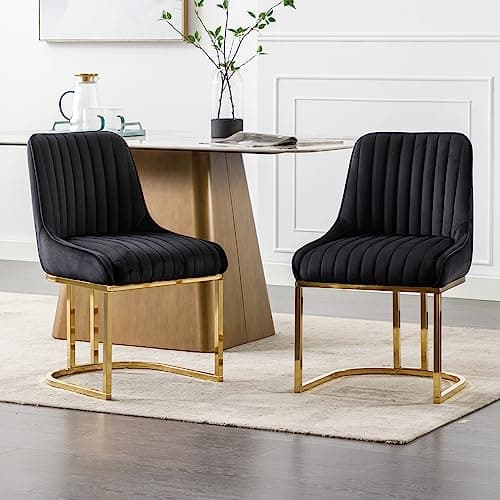 Wahson Chaises Salle à Manger Lot de 2 Chaises de Salle à Manger en Velours Chaise de Cuisine avec Pied Doré, Chaise Salle a Manger Moderne avec Coussin Épais, Noir