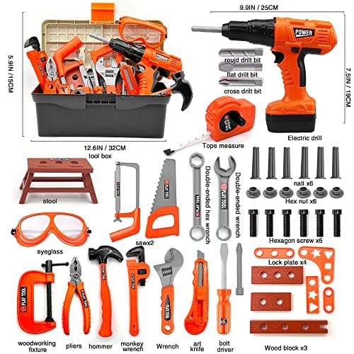 Hyrenee 45 Pièces Outils de Travail Jouet Enfants Constructions Boîte à Outils avec Perceuse Jeu D'imitation Jeu Éducatif Anniversaire Noël Cadeau pour Enfants 3 4 5 6 7 8 Ans