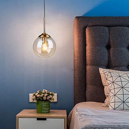 LFsem Industriel Rétro Suspensions Boule De Verre Lampe Suspension Raccords En Laiton Suspension E27 Loft Suspension pour Salon Salle À Manger Chambre (Célibataire, Ambre)