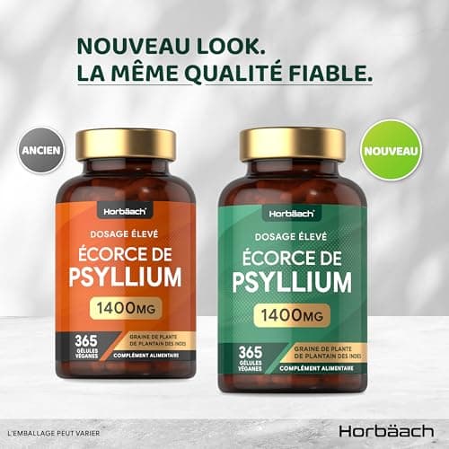Psyllium Blond Gelules 1400 mg | 365 Psyllium Gelules Vegan | 6 Mois | Fibre de Psyllium Husk Haute Dosage | Prébiotique naturel | par Horbaach