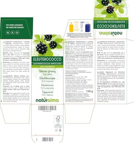 Éleuthérocoque ou Ginseng de Sibérie (Eleutherococcus senticosus) racines Naturalma - 150 g - 300 comprimés - Complément alimentaire - Naturel et Végétalien