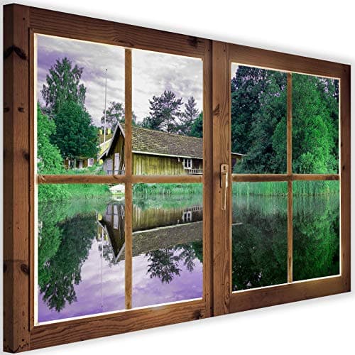Feeby Impression sur Toile Intissee Maison Au Bord du Lac Forêt 120x80 cm Tableau Moderne Tableau Photo Chambre à Coucher Fenêtre Fermée Effet 3D Vert