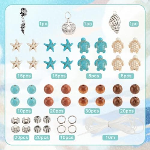SUNNYCLUE 1 boîte 6 ensembles de Kit de Fabrication de Bracelets Océaniques, Perles de Tortue de Mer, Breloques en Forme D'Étoile de Mer, Perles en Bois, Perles D'Océan D'Été, Perles D'Animaux Marins,