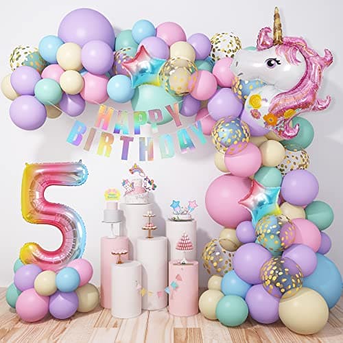 5 Ans Licorne Ballons Arche Anniversaire Décorations Fille, 120 Pièces Kit Pastel Ballon avec 3D Licorne Macaron Rose Violet Latex Confetti Numéro 5 Ballons Joyeux Anniversaire Bannière Cake Toppers