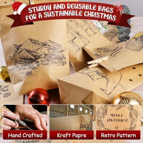 Calendrier de l'Avent à remplir,24 Sacs de l'Avent à bricoler soi-même avec sacs cadeaux imprimés et 24 autocollants numérotés et pinces, sacs en papier kraft pour Noël, enfants, adultes