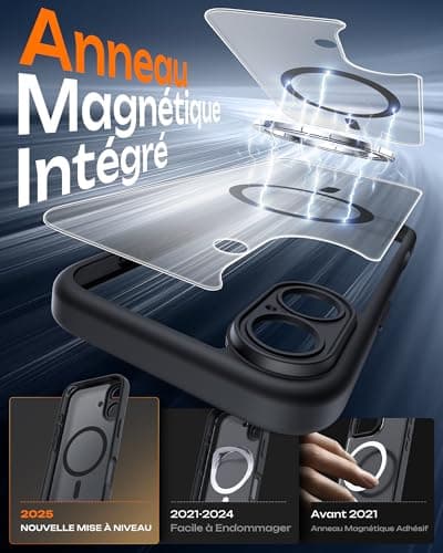 TOCOL Coque Magnétique pour iPhone 17 6,3 Pouces, Compatible avec MagSafe, Anneau Magnétique Intégré, Protection de l'objectif améliorée, Coque Mat Translucide Fine Antichoc, Noir
