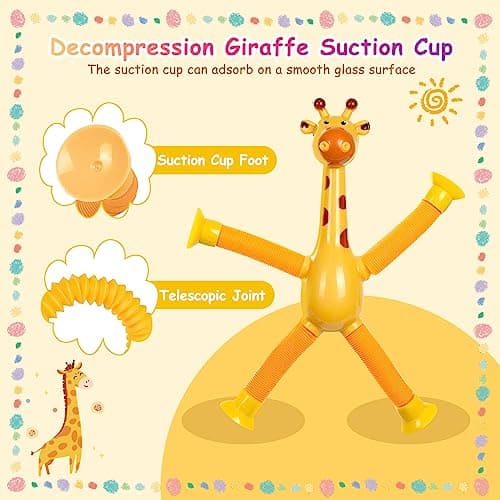 4 Pièces Jouet Girafe Télescopique avec Ventouse, Jouet de Girafe à Ventouse Télescopique pour Enfants Girafe Pop Tube Jouet, Jouet Educatif Amusant de Soulagement du Stress