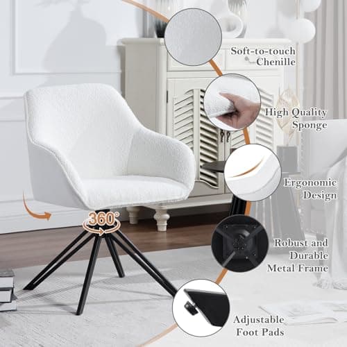 WOLTU Chaise Salle à Manger Pivotante, Chaise Cuisine, Chaise Scandinave, Chaise Ergonomique, avec Dossier et Accoudoirs, Pieds en Métal, Tissu Bouclette, Blanc, EZS11ws-1